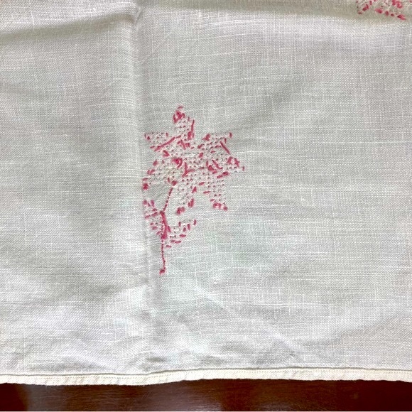 Handmade Linen Cross Stitch Raspberry and Pink Floral Tablecloth - Picture 4 of 6